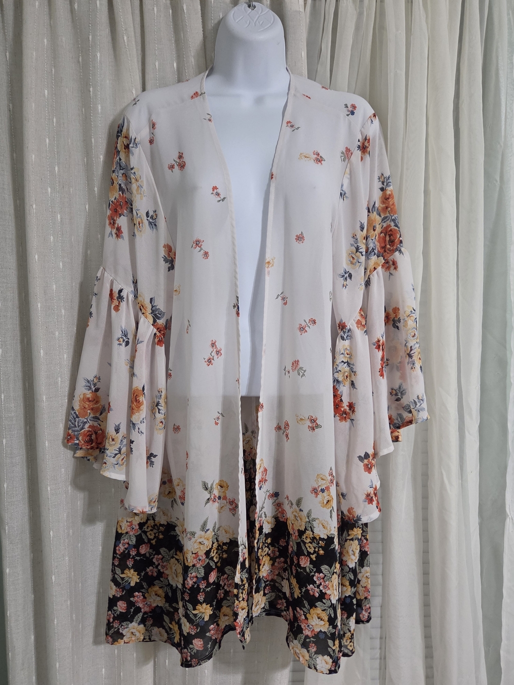 Torrid White Sheer Floral Open-Front Kimono with Orange & Yellow Blooms